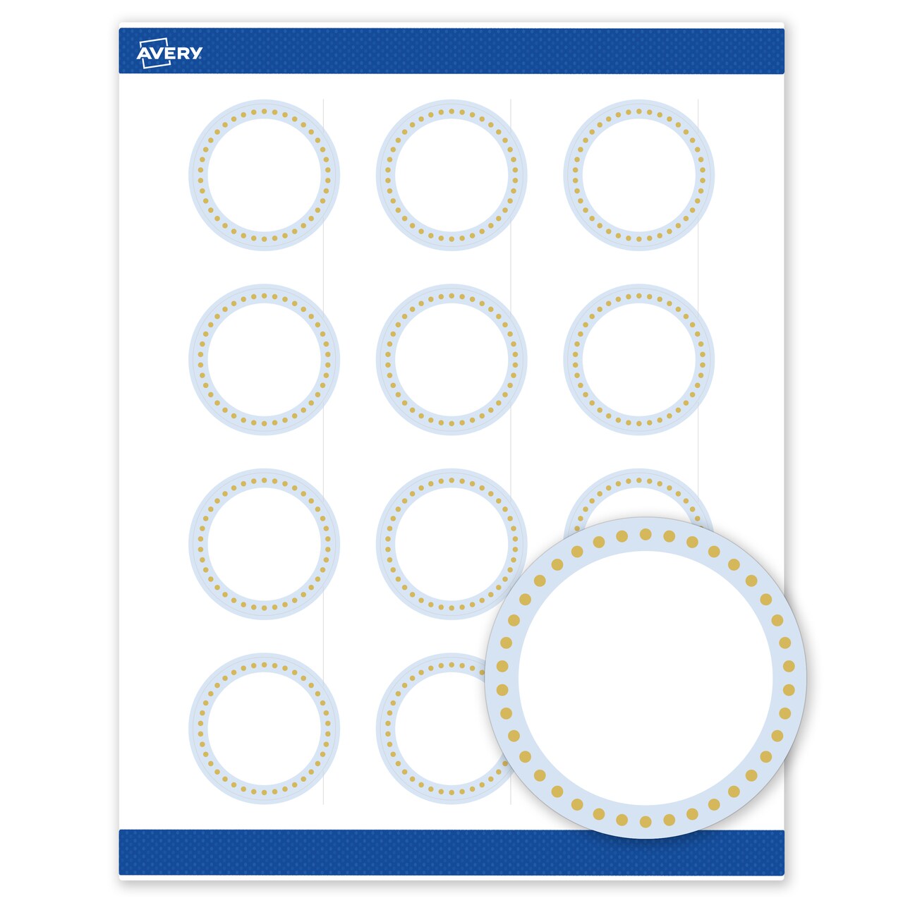 Avery Printable Round Labels with Sure Feed Technology, Blue Border with Gold Dots Design, 2" Diameter, Matte White Permanent Labels, Laser/Inkjet, 120 Total, Great for Product Labels